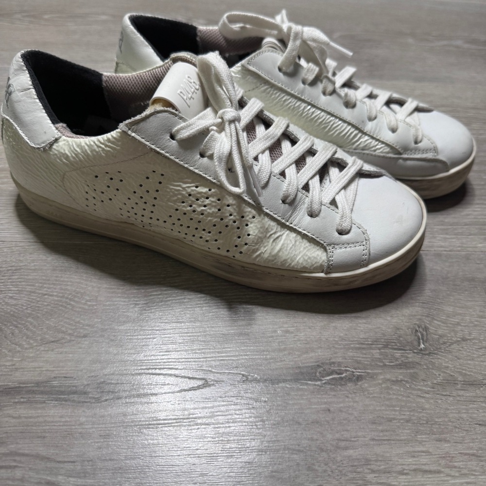 P448 John White Crinkled Leather Low Top Sneakers Italy Women Size 37 or 6.5